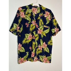 Pacific & Co Mens Hawaiian Shirt Medium Navy Blue Tropical Floral Palm Leaf